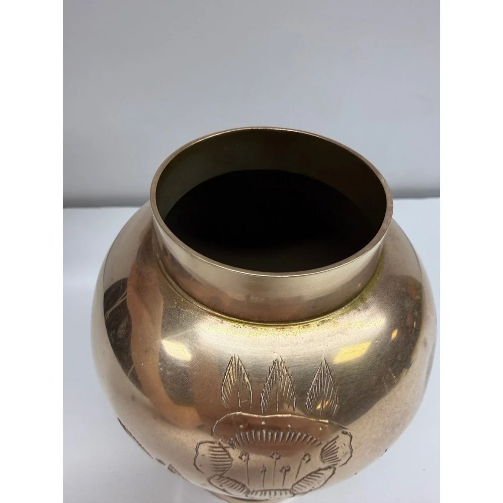 Vintage Etched Brass Ginger Jar with Lid Floral Engraved Urn Made in India 8.5in